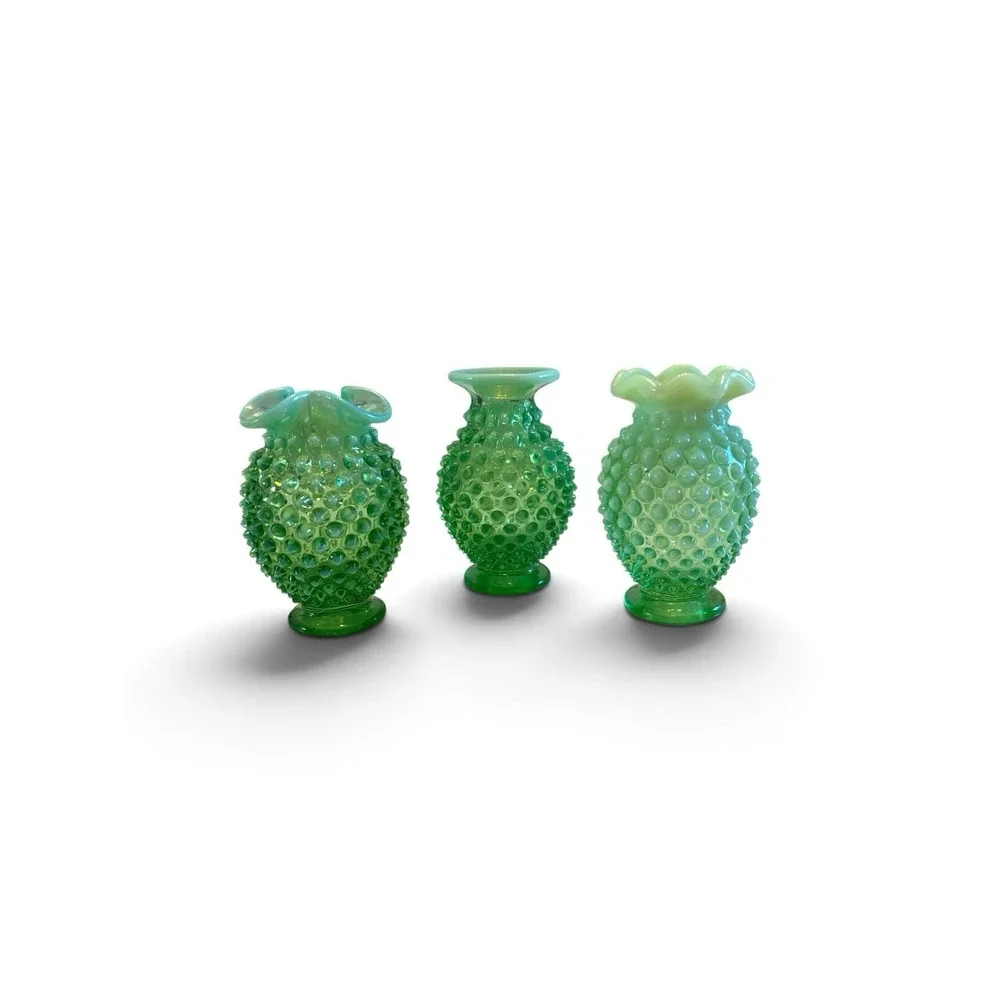 Vintage Fenton Hobnail Vaseline Uranium Glass Bud Vase Set of 3 Green Glow #07